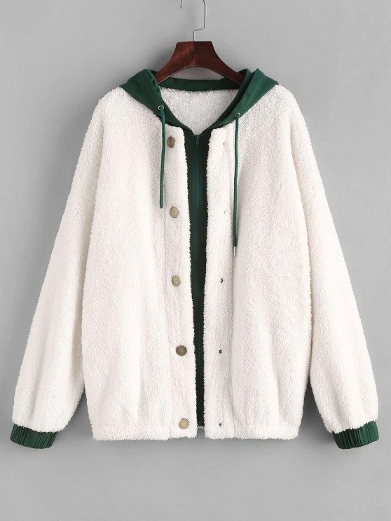 Hooded Bicolor Drop Shoulder Faux Fur Coat WHITE