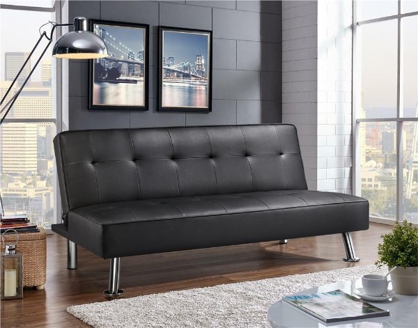 Convertible Black Faux Leather Futon Sofa Bed