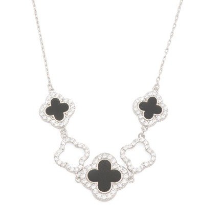 Sterling Silver CZ And Onyx Quatrefoil Necklace