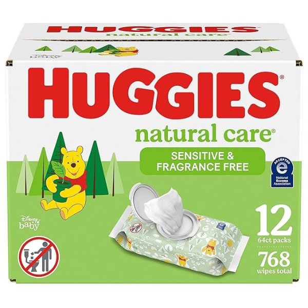 Natural Care Unscented Baby Wipes, Sensitive, Water-Based, 12 Total Flip Top Packs, 768 Count