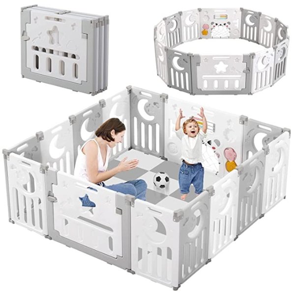 Baby Playpen, Dripex Upgrade Foldable Kids Activity Centre Safety Play Yard Home Indoor Outdoor Baby Fence Play Pen NO Gaps with Gate for Baby Boys Girls Toddlers (14 Panel - Grey + White)