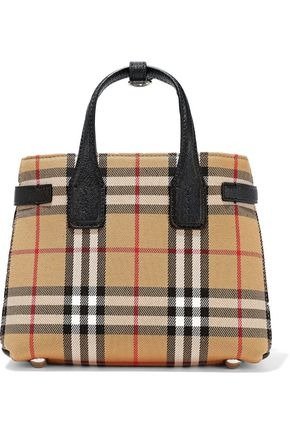 Textured leather-trimmed checked twill tote