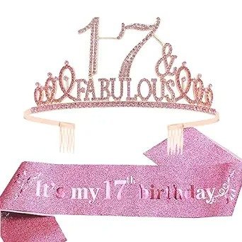17th Birthday Sash and Tiara for Girls - Fabulous Set: Glitter Sash + Fabulous Rhinestone Pink Premium Metal Tiara, 17th Birthday Gifts for Teenegers Party