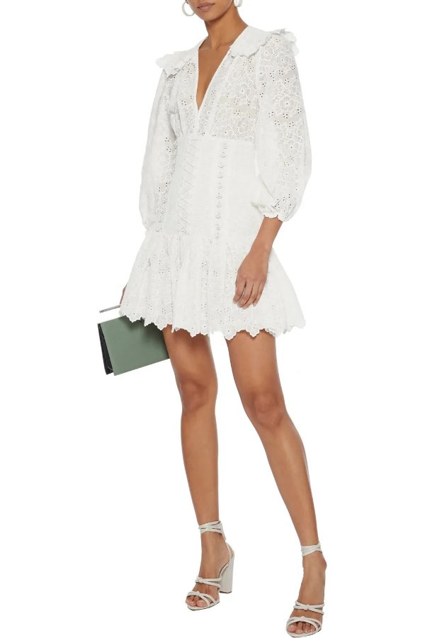 Honour button-detailed broderie anglaise cotton mini dress