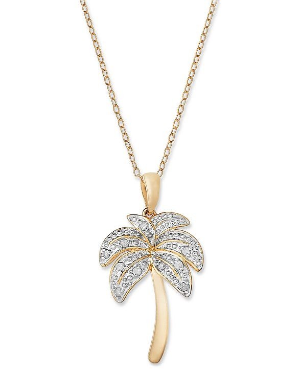 Diamond Palm Tree Pendant Necklace in 18k Gold over Sterling Silver and Sterling Silver (1/10 ct. t.w.)