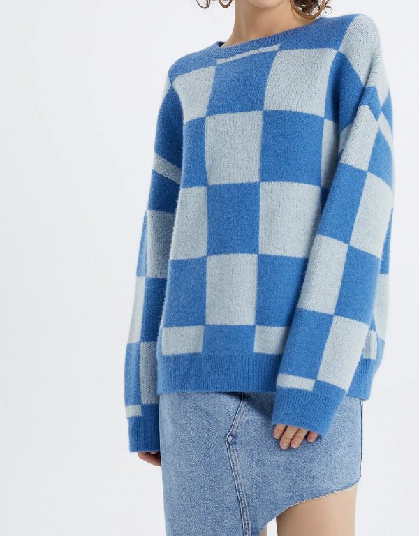 Checkered Pattern Crew Neck Oversized Holiday Sweater