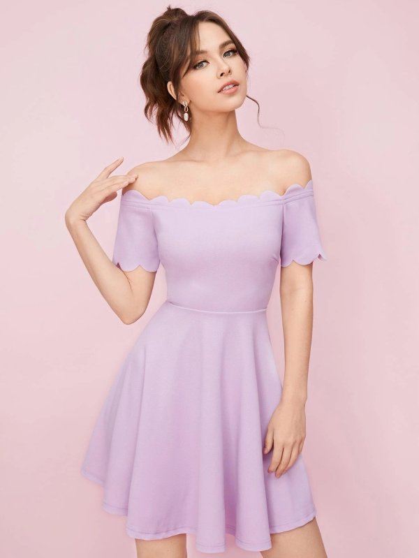 Off Shoulder Scallop Trim Fit and Flare Dress