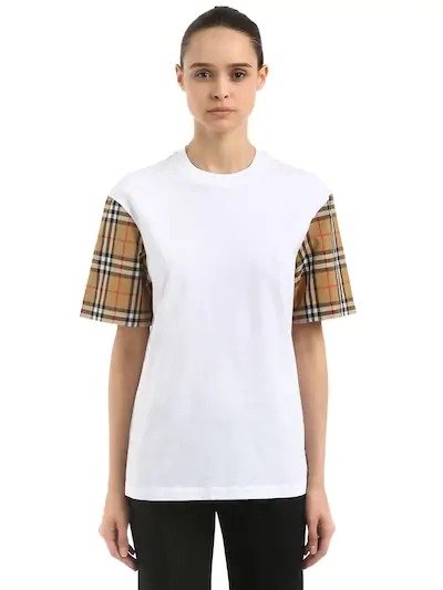COTTON T-SHIRT W/ CHECK SLEEVES