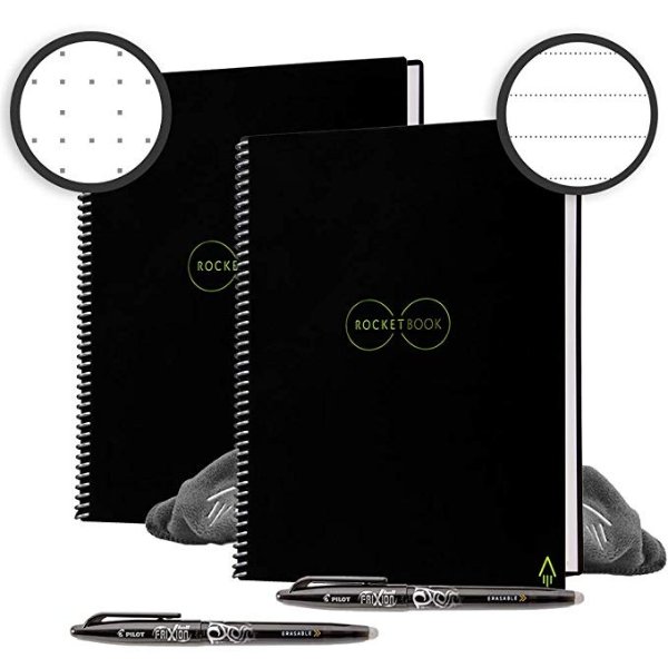 Holiday Bundle - 2 Smart Reusable Notebook Set with 1 Lined & 1 Dot Grid Notebook, 2 Pilot Frixion Pens & 2 Microfiber Cloths - Infinity Black Cover, Letter Size (8.5" x 11")