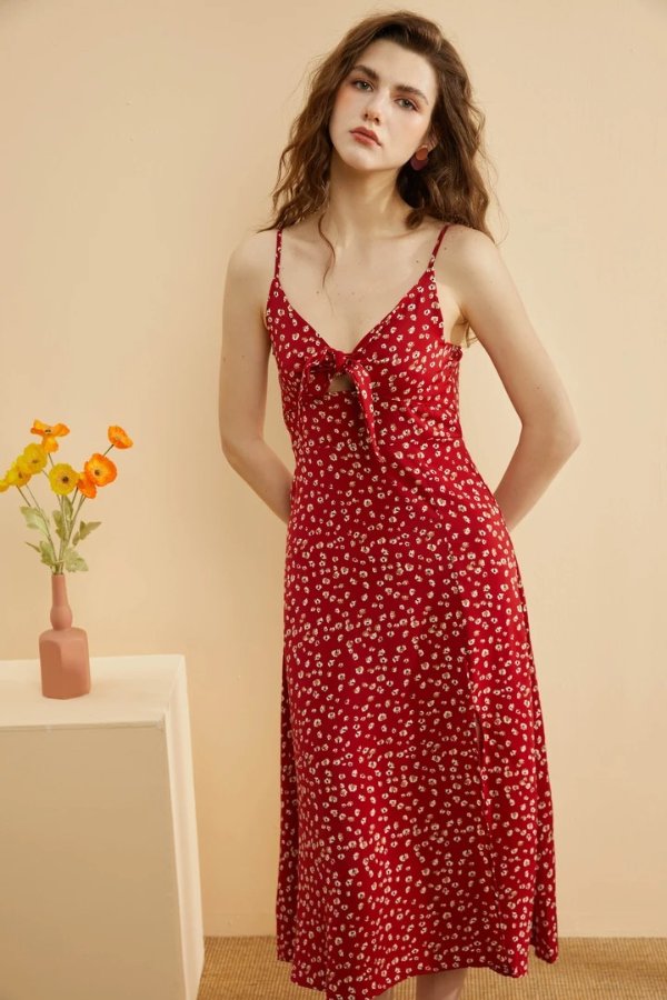 Floral Front Tied-Up Dress (Red)