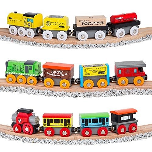Toys 12 Pcs Wooden Engines & Train Cars Collection Compatible with Thomas Wooden Railway, Brio, Chuggington