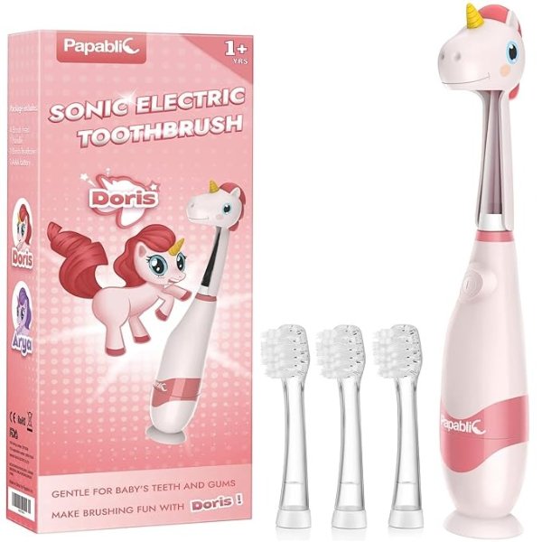 Baby Sonic Electric Toothbrush, Toddler Toothbrush for Ages 1-3 Years with Cute Unicorn Cover and Smart LED Timer, 4 Brush Heads (Doris)