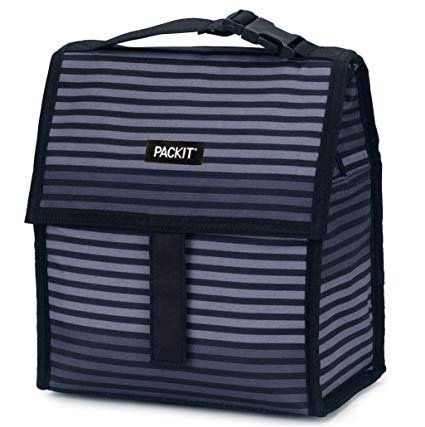 PackIt Freezable Lunch Bag with Zip Closure, Gray Stripe