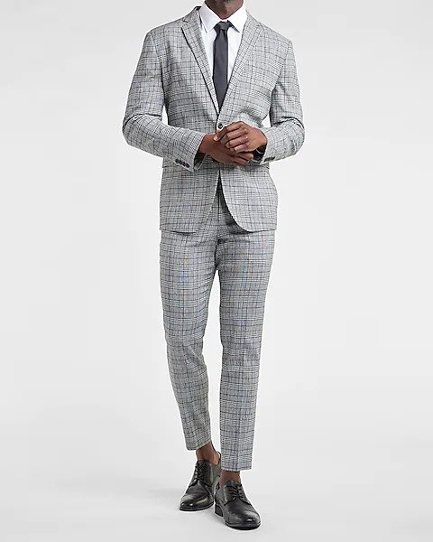 Extra Slim Light Gray Plaid Linen Blend Suit
