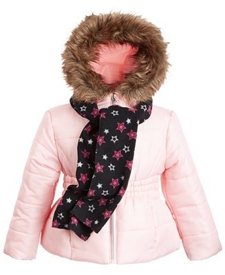 Little Girls Hooded Jacket With Faux-Fur Trim & Scarf