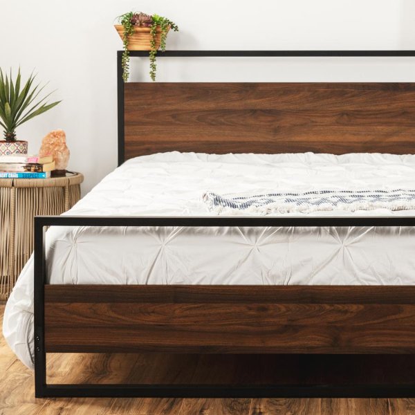 Metal Wood Platform Queen Bed Frame with Wooden Slats