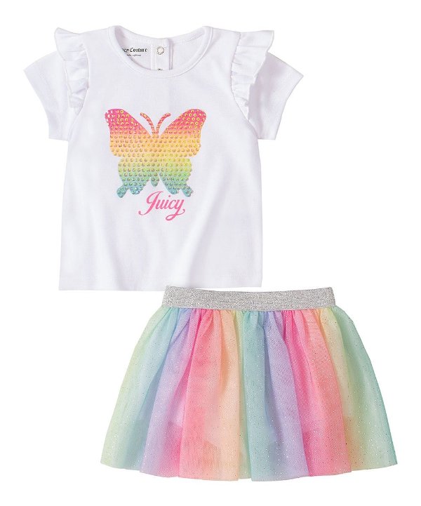 White & Rainbow Multicolor Butterfly Ruffle-Trim Tee Set - Newborn