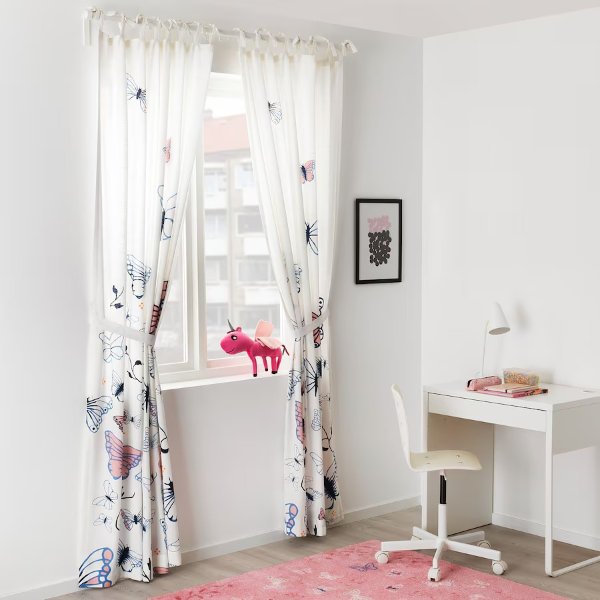 SANGLARKA Curtains with tie-backs, 1 pair, butterfly/white blue, 47x98 "