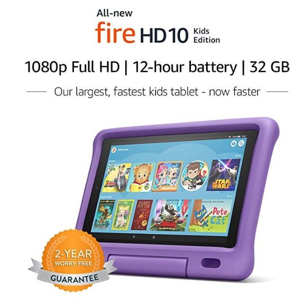 All-New Fire HD 10 Kids Edition Tablet – 10.1” 1080p full HD display, 32 GB, Purple Kid-Proof Case