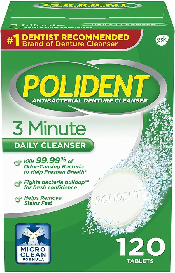 Polident 3-Minute Antibacterial Denture Cleanser Mint, 3 Minute Whitening, 120 Count