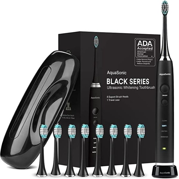 Black Series Ultra Whitening Toothbrush – ADA Accepted Electric Toothbrush - 8 Brush Heads & Travel Case - Ultra Sonic Motor & Wireless Charging - 4 Modes w Smart Timer - Sonic Electric