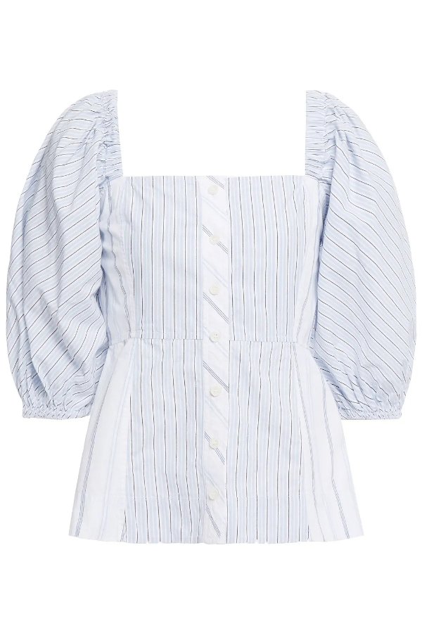 Paneled striped cotton-poplin peplum blouse