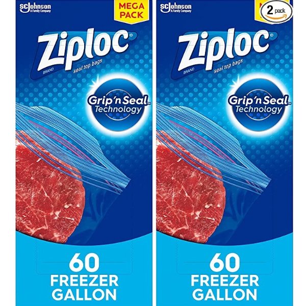 Gallon Food Storage Freezer Bags, Grip 'n Seal Technology for Easier Grip, Open, and Close, 60 Count, Pack of 2 (120 Total Bags)