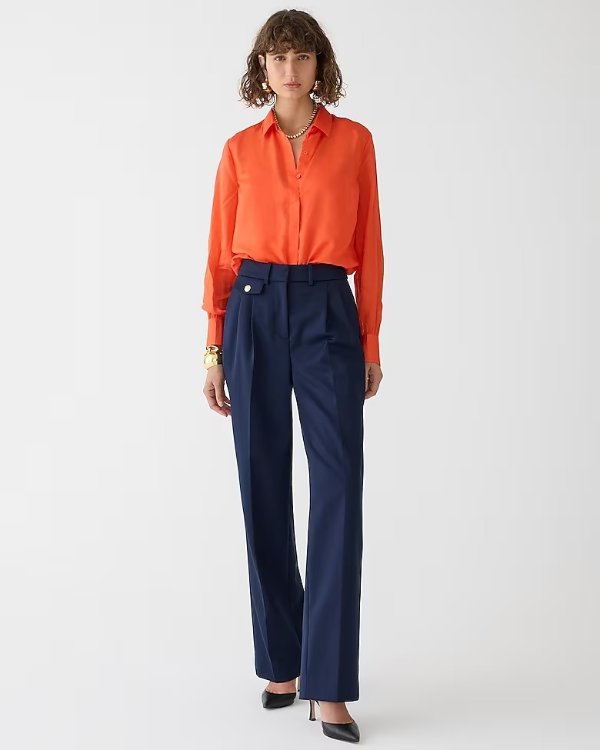 Collection pleated wide-leg trouser pant in wool-twill blend