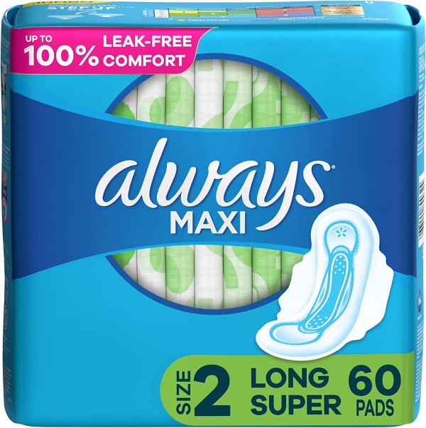 Maxi Feminine Pads For Women, Size 2 Long Super Absorbency, With Wings, Unscented, 60 Count