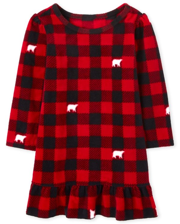 Toddler Girls Matching Family Christmas Long Sleeve Bear Buffalo Plaid Fleece Nightgown