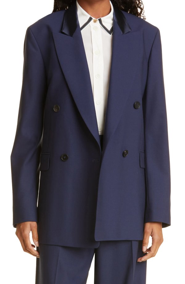 Double Breasted Stretch Wool Suit Jacket