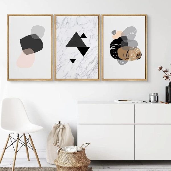 Polygons With Marble Background & Granite Textures Framed On Canvas 3 Pieces Print