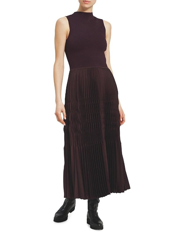 Pleat-Combo Knit Maxi Dress