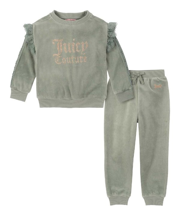 Green & Goldtone Ruffle 'Juicy' Velour Sweatshirt & Joggers - Infant, Toddler & Girls
