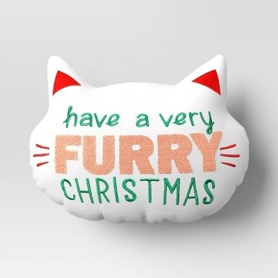 15"x12" Reversible 'Have a Very Furry Christmas' to String Lights Cat Head Novelty Plush Pillow White/Red - Wondershop™