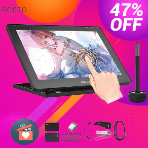 BOSTO 16HD 15.6 Inch IPS Graphics Drawing Tablet Display Monitor 8192 Pressure Level with Rechargeable Stylus Pen 16GB USB Disk