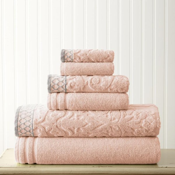 6-Piece Peach Damask Jacquard Towels Set with Embellished Border