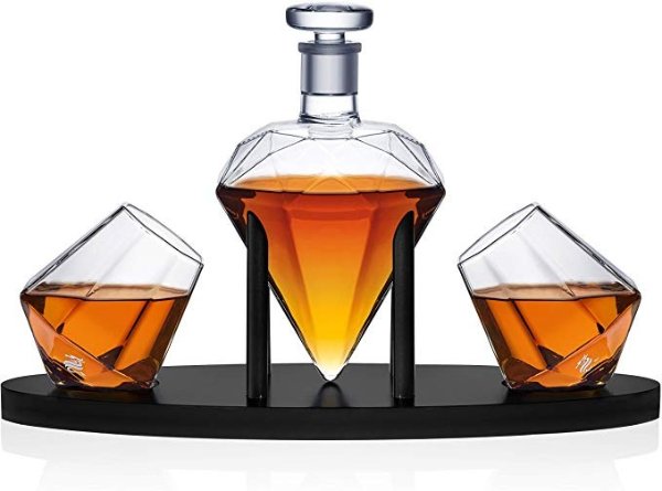 Diamond Whiskey Decanter, Premium Designer Decanter with Glasses for Spirits and Wine, 25 Ounces, Gift Boxed