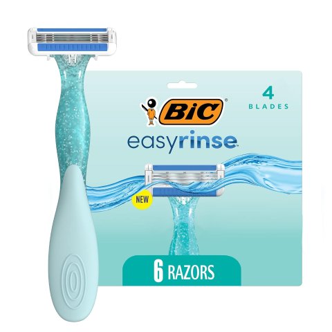 BIC EasyRinse Anti-Clogging Women's Disposable Razors for a Smoother Shave With Less Irritation*, Easy Rinse Shaving Razors With 4 Blades, 6 Count
