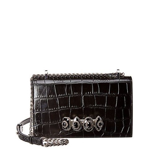 Jeweled Croc-Embossed Leather Shoulder Bag