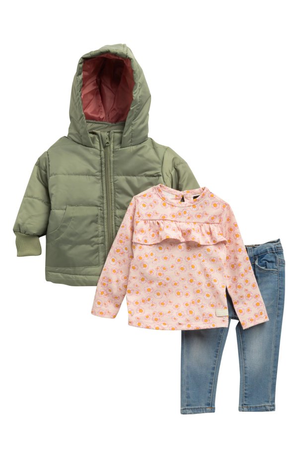Kids' 3-Piece Quilted Jacket, Long Sleeve Top & Denim Pants Set