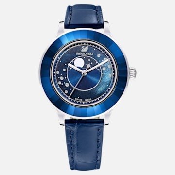 Octea Lux Moon Watch, Leather Strap, Dark blue, Stainless steel by SWAROVSKI