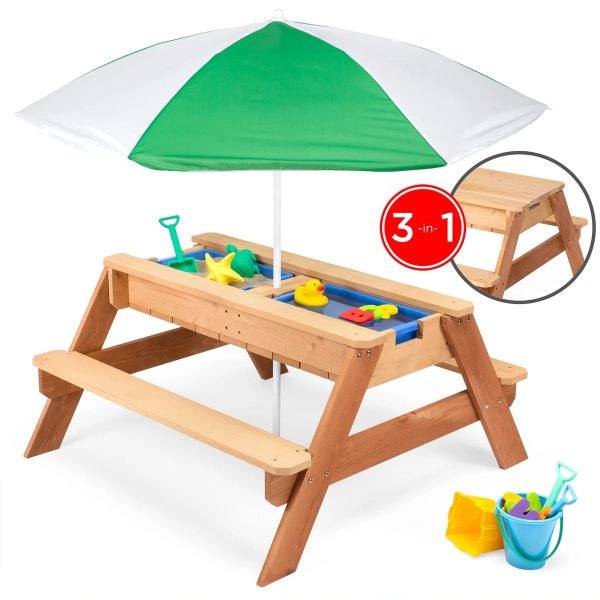3-in-1 Kids Convertible Wood Sand & Water Picnic Table w/ Umbrella