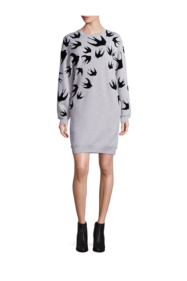 Cotton Swallow-Print Sweatshirt Dress