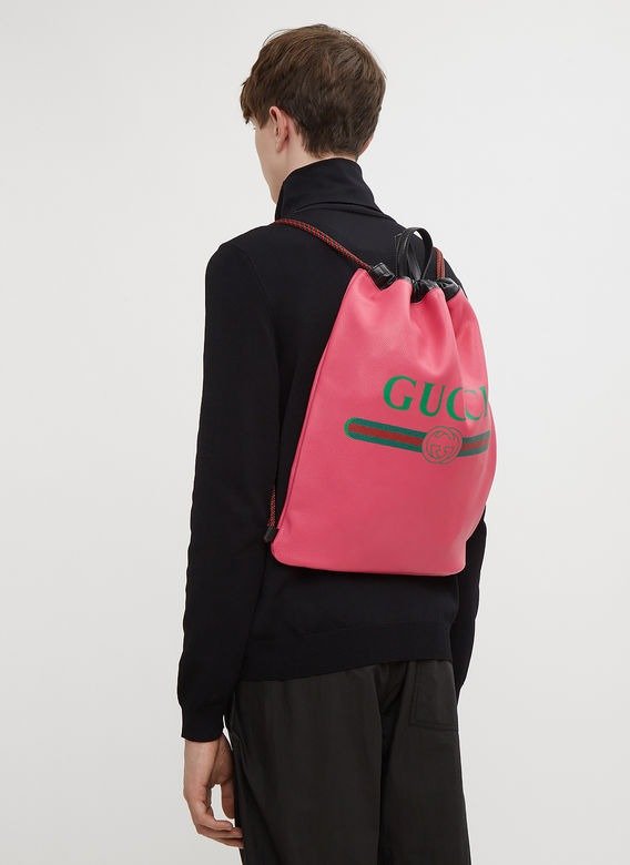 Logo Drawstring Leather Backpack in Pink