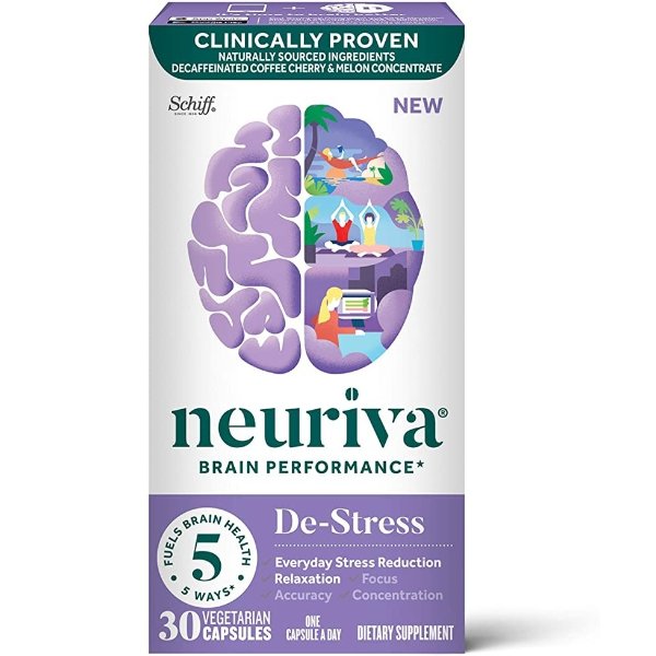 Nootropic Brain Support Supplement - NEURIVA De-Stress Capsules (30 Count in a Bottle), for Everyday Stress Reduction, Relaxation, Focus, Accuracy & Concentration*, L-Theanine, SOD, Coffee Cherry