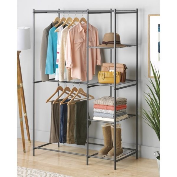 All-Metal Double Rod Clothes Closet Organizer with Shelves