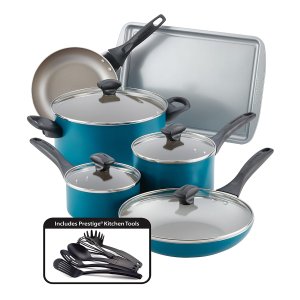 Farberware 20361 Dishwasher Safe Nonstick Cookware Pots and Pans Set, 15 Piece, Teal