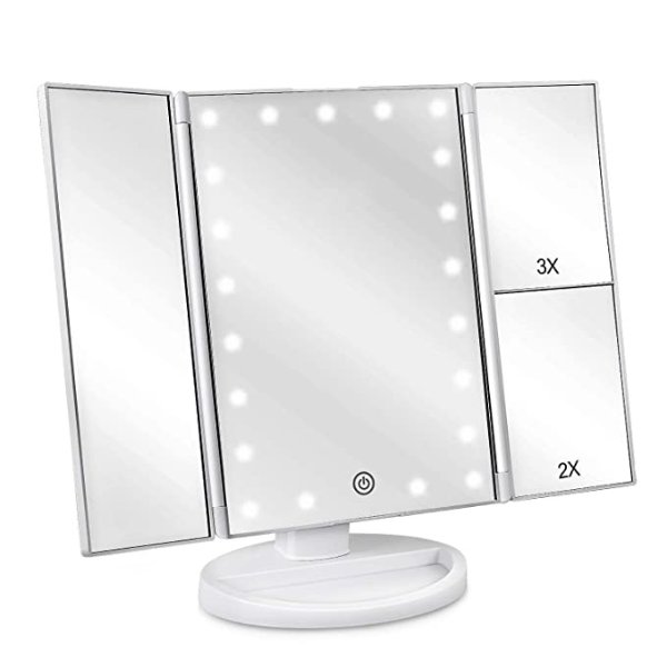 deweisn Tri-Fold Lighted Vanity Mirror with 21 LED Lights, Touch Screen and 3X/2X/1X Magnification Mirror, Two Power Supply Mode Tabletop Makeup Mirror,Travel Mirror