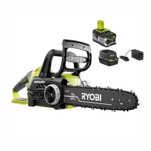 ONE+ 12 in. 18-Volt Brushless Lithium-Ion Electric Cordless Chainsaw - 4.0 Ah Battery and Charger Included